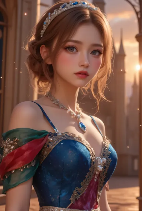 lors, deep contrast, super real, pink lipstick, lovely atmosphere, cinematic composition, close-up of face. She is wearing a breathtakingly opulent princess dress with flowing, multi-layered fabrics in a mesmerizing blend of royal blue, deep crimson, emera...
