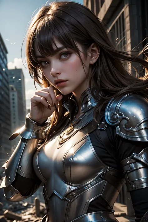 Upper body close-up image.A beautiful woman.Twenty years old. light brown hair. Her bangs are down. She wears beautiful silver-white armor. She is in a Force Academic fighting pose. She has a mysterious glowing orb in her hand.She is standing in a city des...