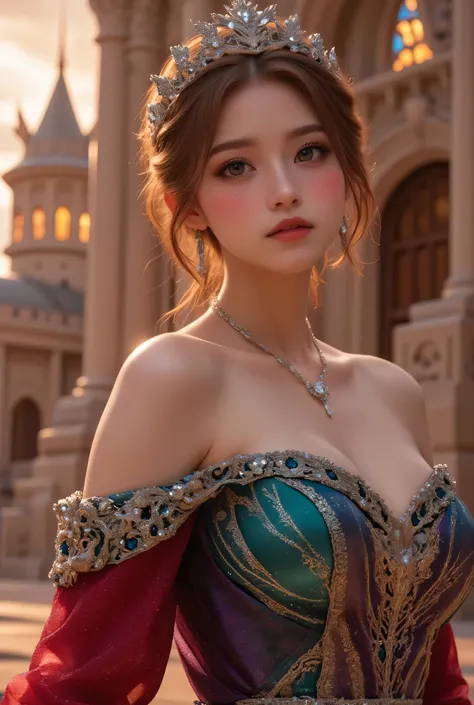 lors, deep contrast, super real, pink lipstick, lovely atmosphere, cinematic composition, close-up of face. She is wearing a breathtakingly opulent princess dress with flowing, multi-layered fabrics in a mesmerizing blend of royal blue, deep crimson, emera...