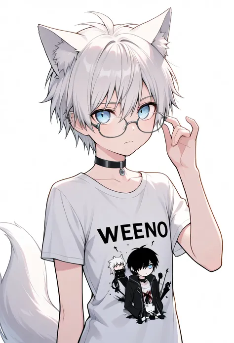 masterpiece, best quality, 
masterpiece, best quality, a teenager alone, emo boy, short black and white hair, wears a t-shirt, blue eyes, with glasses, top quality, cute, with black choker, with cat ears and fox tail, with white background