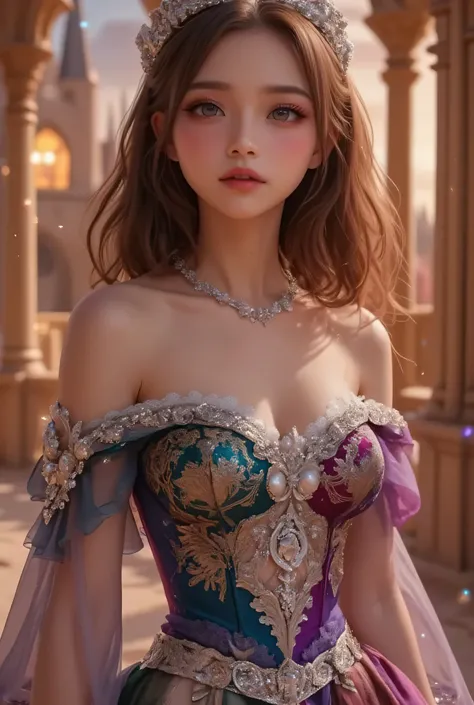 lors, deep contrast, super real, pink lipstick, lovely atmosphere, cinematic composition, close-up of face. She is wearing a breathtakingly opulent princess dress with flowing, multi-layered fabrics in a mesmerizing blend of royal blue, deep crimson, emera...