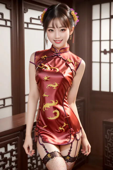 (ultra best quality、超A high resolution、８ｋ、​masterpiece:1.3)、Beautiful Women in Perfect Figure:1.4、、Black hair、((Cheongsam in fishnet stockings))、((((((No background)))))、kawaii、extremely detailed face and skin、Detailed eye、Double eyelids、Skinny Legs、erotic...