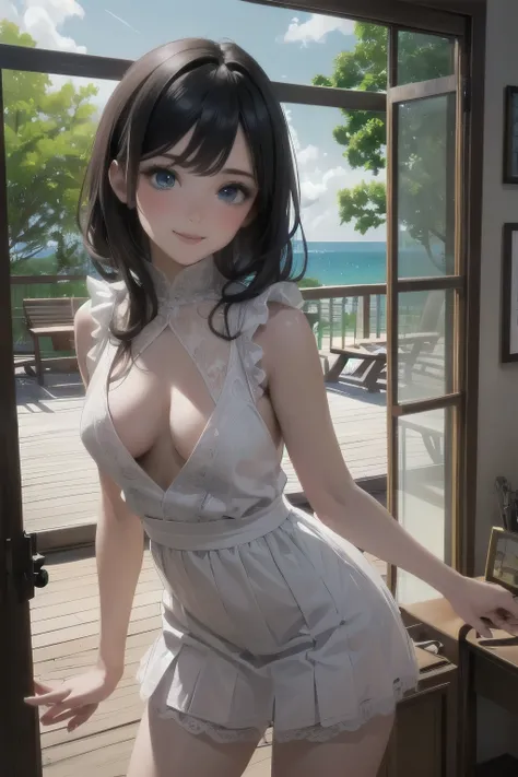 (( Masterpiece, top quality, super detailed,8k:1.5)),  very cute and beautiful girl standing by the window , medium boobs,Beautiful breasts, bulging nipples, no bra, White sundress with small frills, miniskirt,Her skirt is pulled up, skirt flip, I'm lookin...