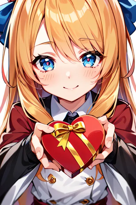 Masterpiece, top quality, Ultra Detailed, 8K, Anime, face focus, (Aino Minako),blue eyes, long hair, orange hair,  smile, blush, blonde long hair with red ribbon, incoming Valentine gift:1.1, looking slightly down at viewer, incoming Valentine chocolate:1....