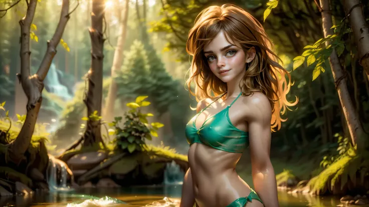 1girl, solo, (cute girl, young girl), (12yo), Hermione Granger, ((beautiful face)), glasses, ((green eyes)), ((Long brown hair, messy hair)), ((round breast)), ((cleavage)), ((hard nipples)), upper body, slim waist, ((standing upright in a river in the for...