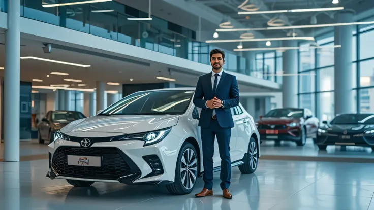 High-resolution ultra-realistic cinematic image of a charismatic host standing confidently in a modern car showroom, next to the 2025 Toyota Corolla FX. The showroom features sleek, contemporary design elements, bright LED panels, and a polished floor refl...