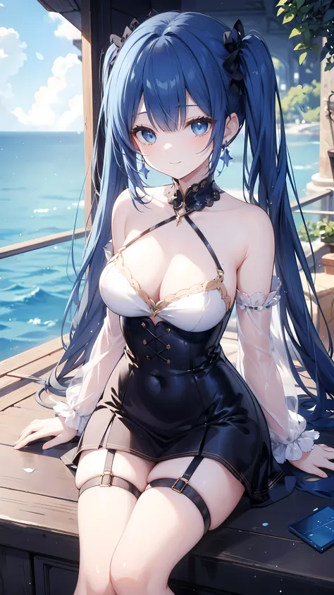 Sapphire blue hair、 DARK BLUE HAIR 、Medium-light hair、 Blue Twin Tails、 quick bangs、 long bangs、Tree Eyes、Narrow eyes、 blue eyes、Embarrassed、 Smile、 Natural Lips 、 Gold Earrings 、 slender figure、 shoulder out、 MIDDLE SIZE BREASTS、Blue clothes、 Italian Styl...