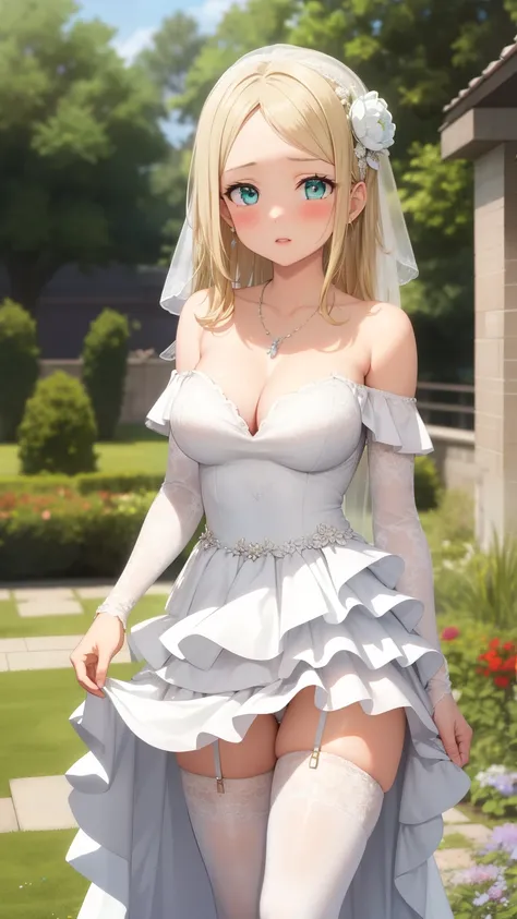 masterpiece, best quality, highly detailed, ultra high res, ayase arisa, 1girl, solo, hair ornament, long blonde hair, glossy lips, medium breasts, aqua eyes, blush, standing, garden, layered wedding dress, off the shoulder, white thigh highs, necklace, je...