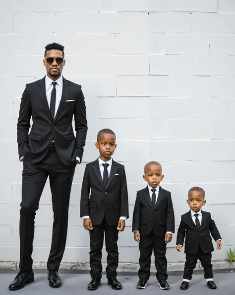 A man and three young boys, all wearing black suits, ties, and shoes, stand in front of a white brick wall. The man, in the center-left of the image, is dark-skinned, and appears to be in his 30s. He is wearing sunglasses and a serious expression. The boys...