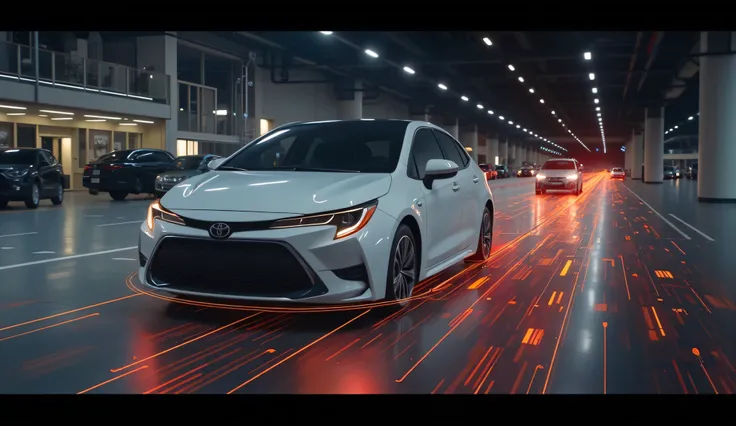 Cinematic ultra HD 8K image of the automatic emergency braking system in the 2025 Toyota Corolla FX, with an animation overlay showing hazard detection. The showroom has a futuristic ambiance with high-end lighting.  
