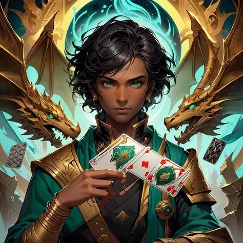 a close up of a black guy, dark skin, very dark skin, green eyes, beautiful green eyes, androgin, white traces, holding a deck of cards with dragon heads, jc leyendecker and sachin teng, young adult fantasy novel cover, avatar image, sachin teng, inspired ...