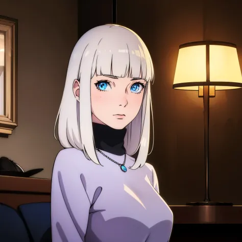 (( Realistic lighting, Better quality, 8K, masterpiece: 1.3)), Clear focus: 1.2, 1 girl, chica con flequillo recto Long hair de color blanco , La Hoja Village Band, blue eyes , dominant look , Long hair ,