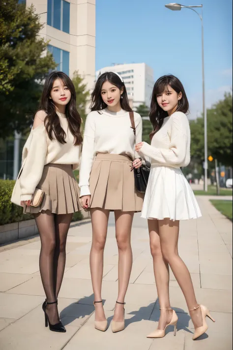 3 girls outside at university, very cute, ultra-realistic, white sweater, ruffle mini skirt denim fabric, wearing pantyhose, beige high heels, whole body up to feet, natural looking legs
