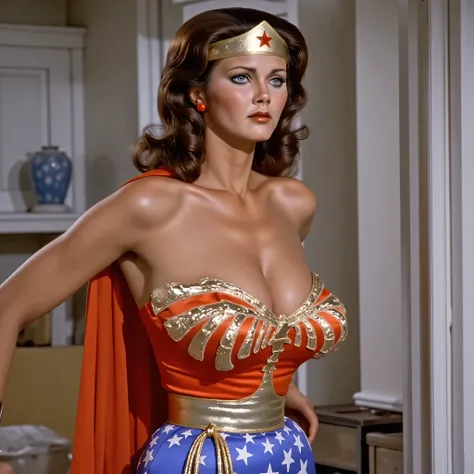 ROPE PERIL SCENE" THRUSTING HER BUSTY CHEST. A SEXY LYNDA CARTER AS THE ICONIC 1960 WONDER WOMAN, WEARING A SPANDEX WONDER WOMAN COSTUME, SPANDEX PATRIOTIC BLUE SKIRT. A RED PATRIOTIC CAPE, RED WONDER WOMAN BOOTS. HER GOLDEN LASSO ATTACHED TO THE SIDE OF H...