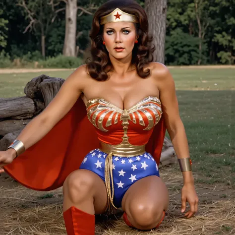 ROPE PERIL SCENE" THRUSTING HER BUSTY CHEST. A SEXY LYNDA CARTER AS THE ICONIC 1960 WONDER WOMAN, WEARING A SPANDEX WONDER WOMAN COSTUME, SPANDEX PATRIOTIC BLUE SKIRT. A RED PATRIOTIC CAPE, RED WONDER WOMAN BOOTS. HER GOLDEN LASSO ATTACHED TO THE SIDE OF H...
