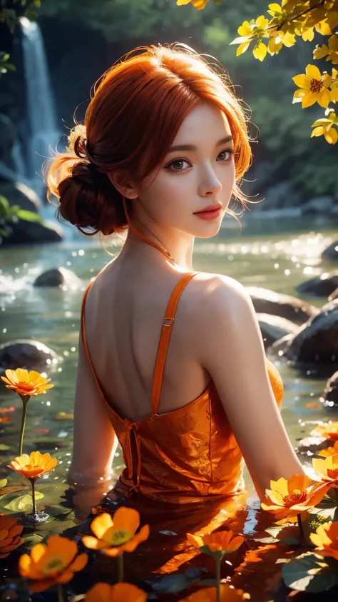 beauty with orange hair and flowers floating in water, (orange fantasy), beautiful beauty, beautiful digital illustration, beautiful artwork illustration, beautiful digital artwork, beautiful gorgeous digital art, beautiful digital art, asian female water ...