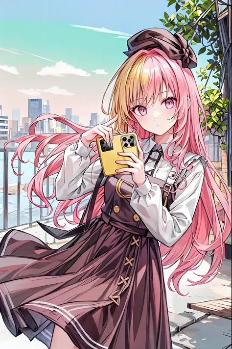 Young people,Blonde hair combed to the side, Take a selfie with the girl's long pink hair