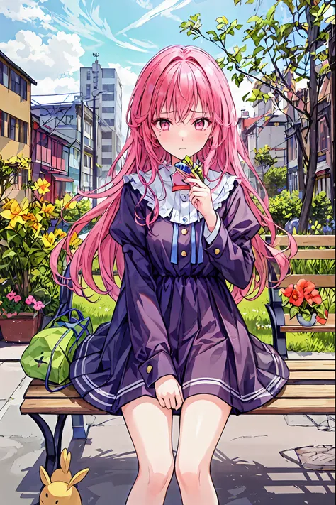  masterpiece,  top quality,  1 girl,  pink hair,  long hair, bangs,  pink eye,  sad,  shed tears,  viewers,  outdoor, , Ruffle sleeves,  wipe your tears with your hands when you break up,  bench with toys, Holding toys, very  long hair, tree,  contemporary...