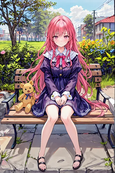  masterpiece,  top quality,  1 girl,  pink hair,  long hair, bangs,  pink eye,  sad,  shed tears,  viewers,  outdoor, , Ruffle sleeves,  wipe your tears with your hands when you break up,  bench with toys, Holding toys, very  long hair, tree,  contemporary...