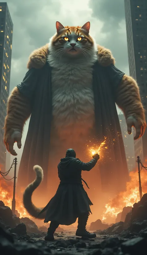 "An ultra-realistic, extremely fat orange and white cat engaged in an epic battle against a colossal monstrous wizard in a devastated city. The giant cat, towering over the ruins, has its fur ruffled, eyes glowing with determination as it prepares to strik...