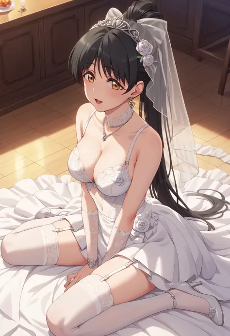 An image of Ren Hazuki with long black hair and ponytail wearing wedding dress, with cleavage wearing lingerie on her legs . It's on the altar.