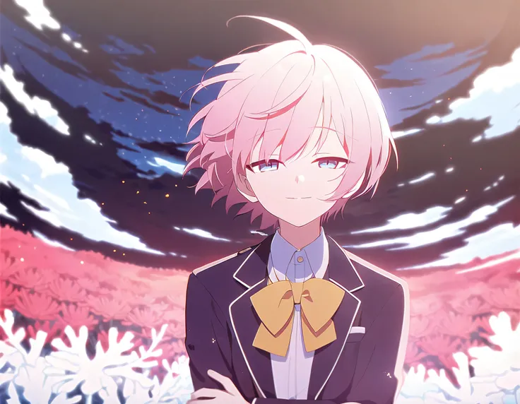  1 boy、Short Hair、Coral pink hair color、Light blue eyes、 half-open eyes、smile、dark reddish brown blazer、 yellow bow on chest 、front、From the chest up、Outdoors、blue sky、Red flower field、wind、 Light particles