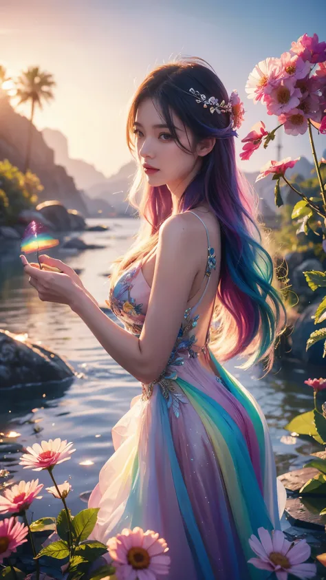 beauty with rainbow hair and flowers floating in water, (rainbow fantasy dress), beautiful beauty, beautiful digital illustration, beautiful artwork illustration, beautiful digital artwork, beautiful gorgeous digital art, beautiful digital art, asian femal...