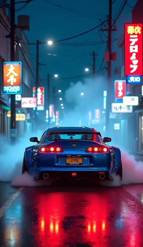 A metallic blue sports car, such as a modified Toyota Supra MK4, seen from behind while drag racing on a neon urban street at night. The car releases smoke from its tires, creating a dramatic effect. The taillights are shining brightly, reflecting off the ...