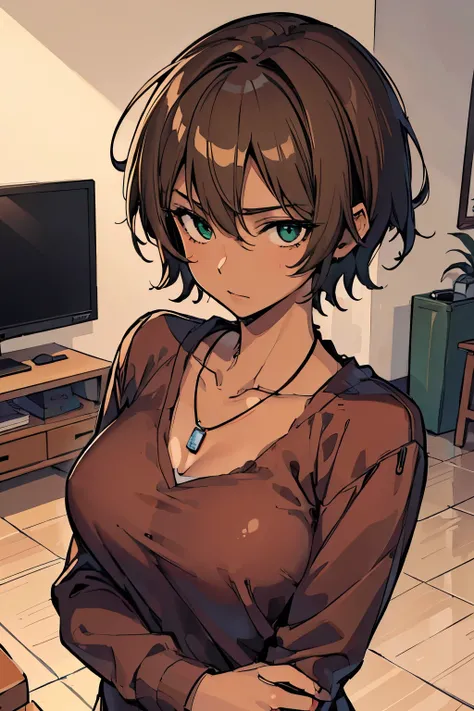 ((best quality, masterpiece)), 1girl, female, highschool student, short hair, spiky hair, boyish hair, ((soft)) smile)), brown hair, ((dark skin)), green eyes, caring, big breasts, handsome girl, collarbone, (pendant), red shirt, long sleeves, inside a liv...