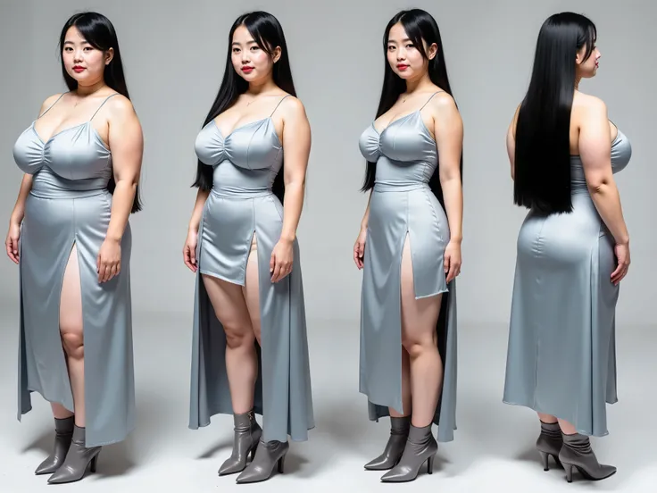 4 poses ,  The same Japanese woman with long black hair,  standing full-length image, she is a carpenter with big breasts, stands straight, legs shoulder width apart in four poses , 1 front view, 2 side view, 3 back view ,  4 side view . Dressed in a light...