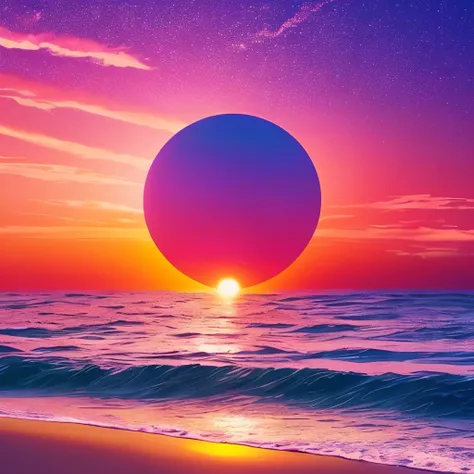 a pink sun is shining over the ocean at night, digital art by Christopher Balaskas, unsplash, digital art, pink sun, pink sunset, vaporwave sunset, nice sunset, vaporwave ocean, pink sunset hue, synthwave sunset, vaporwave surreal ocean, sunset mood, real ...