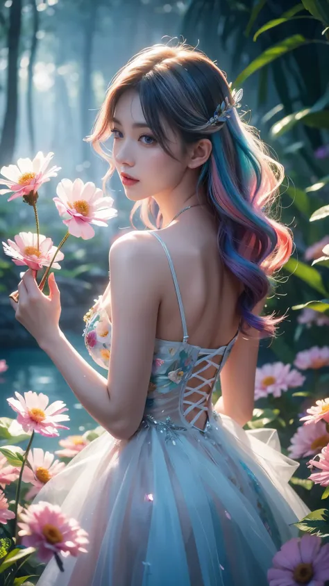 beauty with rainbow hair and flowers floating in water, (rainbow fantasy dress), beautiful beauty, beautiful digital illustration, beautiful artwork illustration, beautiful digital artwork, beautiful gorgeous digital art, beautiful digital art, asian femal...