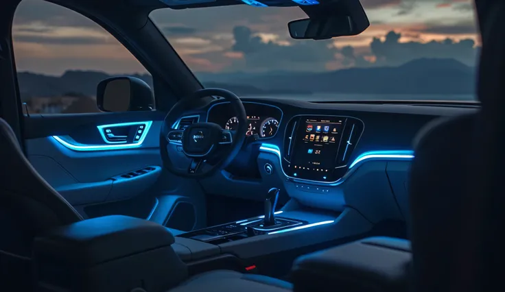 A close-up of the ambient lighting inside the 2025 Volvo XC90, set to a calming blue hue. The lighting gently highlights the door panels and dashboard, creating a futuristic and sophisticated ambiance.  
