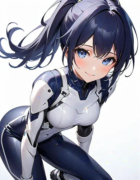 (​masterpiece、  top quality、  highest resolution 、 Clear Images 、  detailed image 、  The angle is from above  ): (  A Japanese woman  、  high ponytails in random shapes、  dark blue hair  、 Sparkling blue eyes 、(  white and navy blue pilot suit （Enamel Fini...