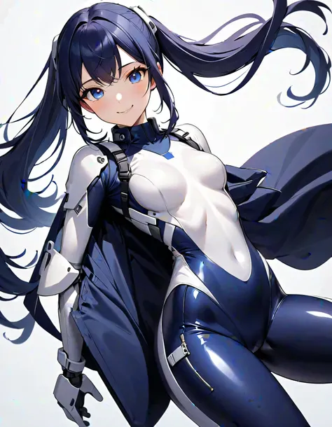 (​masterpiece、  top quality、  highest resolution 、 Clear Images 、  detailed image 、  The angle is from above  ): (  A Japanese woman  、  high ponytails in random shapes、  dark blue hair  、 Sparkling blue eyes 、(  white and navy blue pilot suit （Enamel Fini...