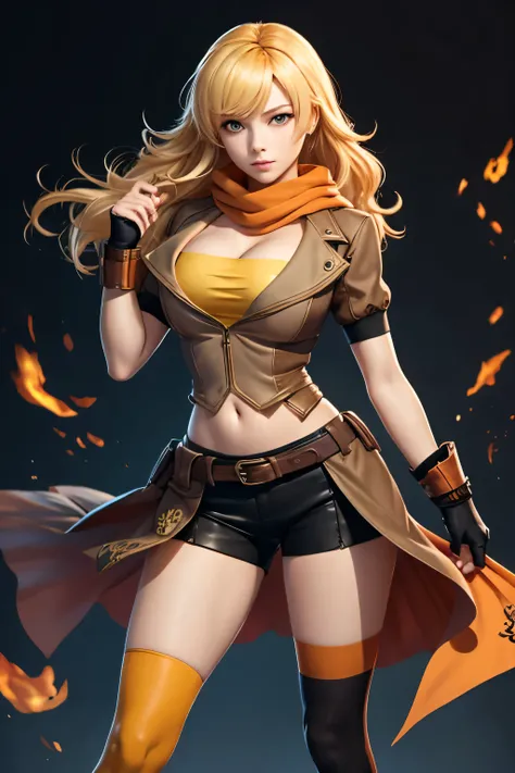 purple eyes, blonde hair, long hair, wavy hair, very long hair, hair between eyes, breasts, bangs, large breasts, medium breasts
thighhighs, navel, cleavage, jacket, ahoge, short sleeves, shorts, midriff, puffy sleeves, belt, stomach, scarf, puffy short sl...