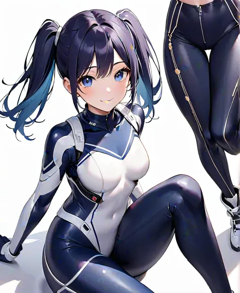 (​masterpiece、  top quality、  highest resolution 、 Clear Images 、  detailed image 、  The angle is from above  ): (  A Japanese woman  、  high ponytails in random shapes、  dark blue hair  、 Sparkling blue eyes 、(  white and navy blue pilot suit （Enamel Fini...