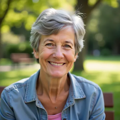 ultra-realistic, clou-up image on the face of a mature woman, 58 years old, short gray hair, very friendly and affectionate smile, she is NOT looking at the camera sitting on a bench in a park, the day is sunny, photo taken with a 50mm lens