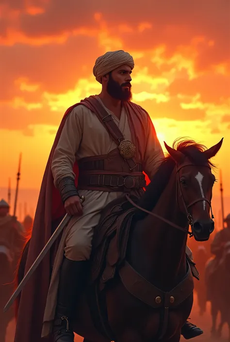 A Muslim man with a strong and muscular turban carries a sword while he is on a horse looking at an army at sunset as if it were a wind in the air