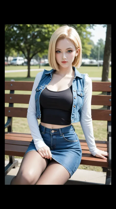 blond woman sitting on a bench in a park wearing a denim vest, android 18, young beautiful amouranth, better known as amouranth, anime girl in real life, amouranth, perfect android girl, realistic anime 3 d style, realistic cosplay, wearing a sexy cropped ...