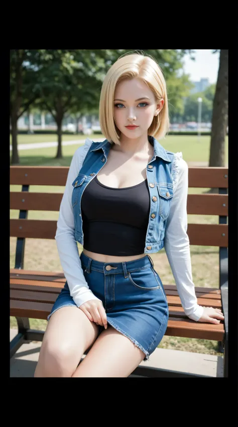 blond woman sitting on a bench in a park wearing a denim vest, android 18, young beautiful amouranth, better known as amouranth, anime girl in real life, amouranth, perfect android girl, realistic anime 3 d style, realistic cosplay, wearing a sexy cropped ...