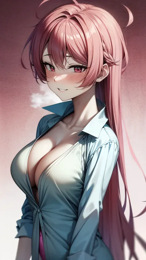 （ Super Quality , ultra high resolution,16k,super masterpiece,Ultra HD , detailed shading and background,） sexy girl , Pretty Long Pink Hair ,thin, transparent, sexy white shirt,Folded sleeves, cleavage, pink swimsuit,下半身は裸,blush,smile,Open thick lips slig...