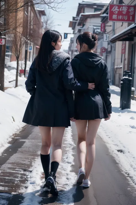  Two girls in downs walking through the snow,Back shot,Black down coat:1.5, navy blue pleated miniskirt, micro miniskirt ,A blizzard blows ,taiwan girl,