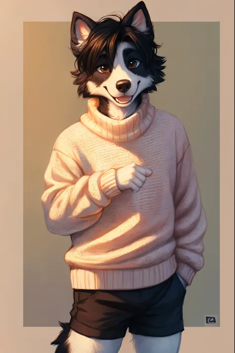  for baby baby, por lostgoose,  by goonie-san , Alone , man,  of foot,  white knitted sweater,  oversized sweater,  shorts, (hair, snout), border collie,  smiling, happy, happy tail