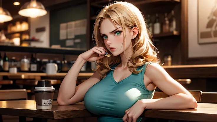  a slender 25-year-old curly blond girl ,  green eyes, sleeveless light blue t-shirt with big breasts ,  she is sitting in a restaurant drinking coffee, she is very angry and with a look of terror on her face.