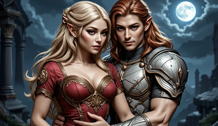 fantasy art, a picture of a fantasy female elf, beautiful female elf, best detailed face, wearing red dress, silk dress, intricate dress, holding, blond hair, blue eyes, hugging a male elf man, muscular male elf, best detailed face, wearing white armor, re...