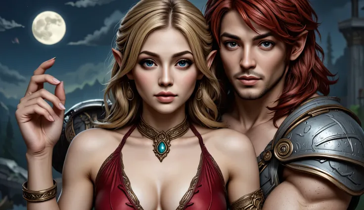 fantasy art, a picture of a fantasy female elf, beautiful female elf, best detailed face, wearing red dress, silk dress, intricate dress, holding, blond hair, blue eyes, hugging a male elf man, muscular male elf, best detailed face, wearing white armor, re...