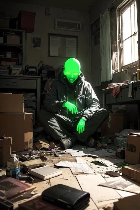 "A human figure seated in front of a setup that emits a neon green light, casting an eerie glow on his forehead. The person wears a hermetic suit to protect himself from the 'corrosion' caused by the machine's radiation. The room around him is dim and clut...