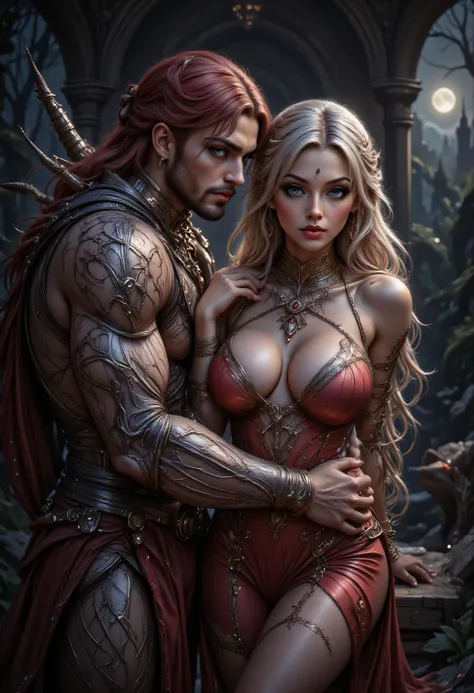 fantasy art, a picture of a fantasy female elf, beautiful female elf, best detailed face, wearing red dress, silk dress, intricate dress, holding, blond hair, blue eyes, hugging a male elf man, muscular male elf, best detailed face, wearing white armor, re...