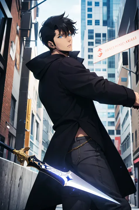 High Quality , High Definetion,handsome, alone, 1 man, short hair, black hair, blue eyes, black shirt, black coat, Lots of power,Fighting with a dagger, fighting